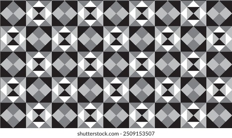 Geometric mosaic pattern of simple triangles inside a square with a combination of black, gray and white.