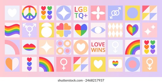 Geometric mosaic Pride Month pattern on gradient backdrop. Icons with LGBT symbols, hearts, rainbow, flag. Trendy design for banner, card, cover, poster, advertising, wallpaper, packaging.