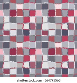 Geometric mosaic seamless pattern. Checked background of woven rectangles and squares. Patchwork, ceramic, tile texture. Cold, gray, vinous, rose colors. Vector