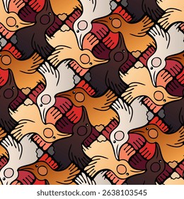 Geometric Mosaic Seamless Pattern of Chickens with Natural Gradient Colors and Black Outlines in Escher Style