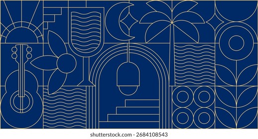 Padrão sem emenda do mosaico geométrico com símbolos de feriado e verão. Linha abstrata Art Deco para viagens, música, vinho, restaurantes, exterior e design de interiores
