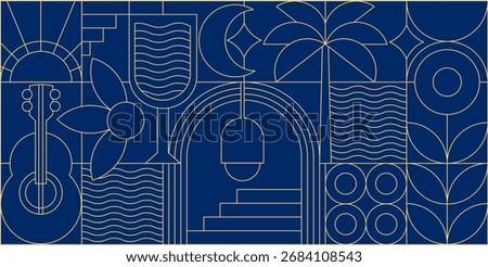 Geometric Mosaic Seamless Pattern with Holiday and Summer Symbols. Abstract Line Art Deco for Travel, Music, Wine, Restaurants, Exterior and Interior Design
