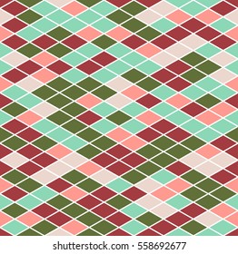 Geometric mosaic seamless pattern. The multicolored elements are arranged on white background and have a diamond shape. Useful as design element for texture and artistic composition.