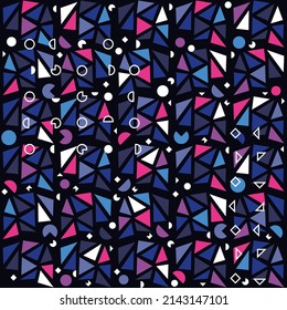 Geometric mosaic seamless pattern with triangles, circles, rhombs and abstract shapes