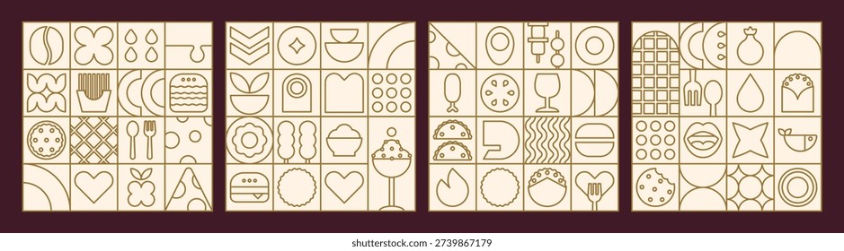 Geometric mosaic set retro pattern with fast food line delivery. Menu backgrounds for pizzerias incorporating a colorful fast food mosaic.