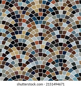 Geometric mosaic with small multicolored square tiles arranged on arches on a white background.  Traditional porphyry design floor. Cobblestone style. Seamless vector illustration. 