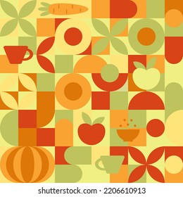 Geometric mosaic in trendy autumn colors. Pumpkin, carrots and apples for textile or wallpaper. Green and brown and orange ornament background for cover template.
