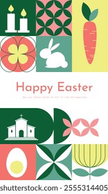 Geometric, mosaic trendy Easter greeting card, banner with traditional icons and botanical elements. Vector illustration