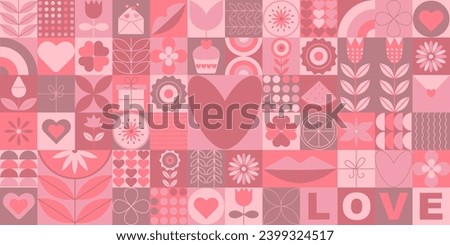 Geometric mosaic Valentine's day pattern. Trendy geometric shapes with circles, squares and hearts in retro style for Valentine's Day background. Love, hearts, flowers. Modern abstract vector banner