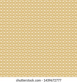 Geometric motif, in gold and white, with wavy stripes and small single or pairs shapes. Embroidery. Textile pattern. Vector illustration.