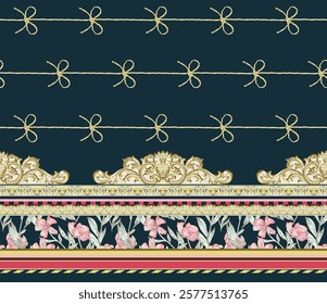 Geometric motifs intertwined Border with subtle botanical elements for versatile wallpapers, gift wraps, and fabric prints.