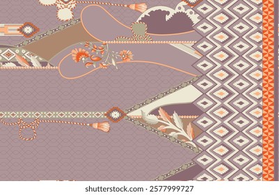 Geometric motifs intertwined with subtle botanical elements for versatile wallpapers, gift wraps, and fabric prints.