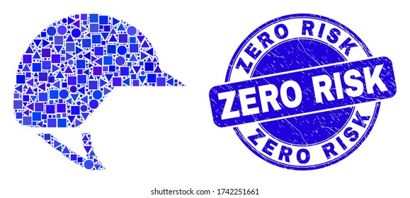 Geometric motorcycle helmet mosaic icon and Zero Risk seal stamp. Blue vector rounded textured stamp with Zero Risk message. Abstract mosaic of motorcycle helmet composed of circle, triangles,
