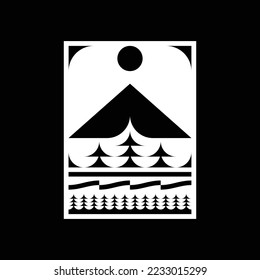 Emblem mountain scape adventure logo vector plantilla con estilo geométrico sobre fondo negro