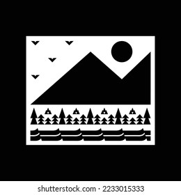Emblem mountain scape adventure logo vector plantilla con estilo geométrico sobre fondo negro