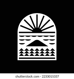 Emblem mountain scape adventure logo vector plantilla con estilo geométrico sobre fondo negro