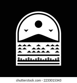 Emblem mountain scape adventure logo vector plantilla con estilo geométrico sobre fondo negro