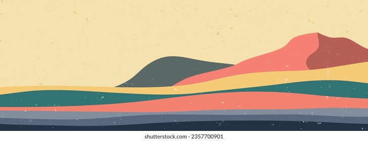 Paisaje geométrico de montaña. Escenarios de estilo minimalista de arte moderno de mediados de siglo con montaña, río, colinas, olas