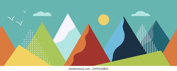 Geometric mountain landscape. Seamless border of Abstract mountains. Composition of triangles, stripes dots background. Stylish scandinavian illustration poster child room decor cover