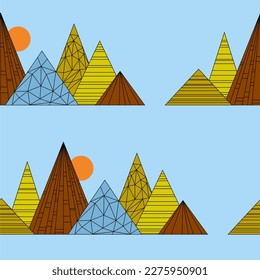 Paisaje geométrico de montaña. Patrón sin foco de montañas abstractas. Composición de triángulos y rayas.