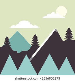 Geometric Mountain Landscape with Teal and Gray Peaks
