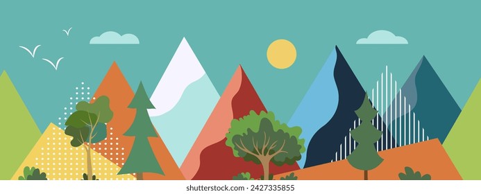 Geometrische Berglandschaft und Bäume. Nahtlose Grenze der abstrakten Berge. Zusammensetzung von Dreiecken, Streifen, Punkten, Hintergrund. Stilvolle skandinavische Illustration Poster Kinderzimmer Decor Abdeckung
