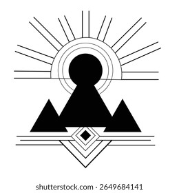 Pirâmide Geométrica de Montanha com Sunburst e Motivo Tribal