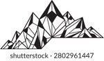 Geometric mountain range vector illustration, isolated black and white polygonal line art for minimalist logo design, outdoor adventure, and nature concept.