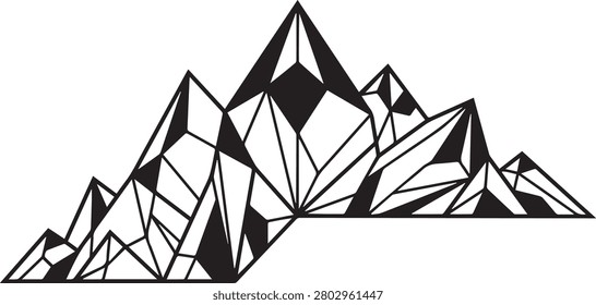 Geometric mountain range vector illustration, isolated black and white polygonal line art for minimalist logo design, outdoor adventure, and nature concept.