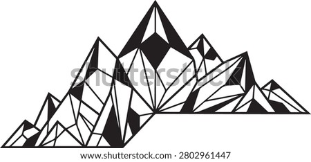 Geometric mountain range vector illustration, isolated black and white polygonal line art for minimalist logo design, outdoor adventure, and nature concept.