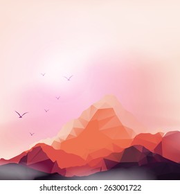 Geometric Mountain and Sunset Background - Vector Illustration