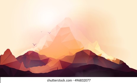 Geometric Mountain and Sunset Background - Vector Illustration