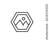 Geometric mountain view icon within hexagonal frame, modern linear design