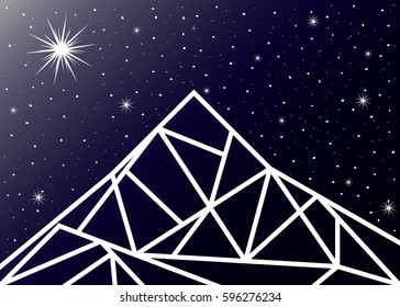 geometric mountain white star on the violet sky