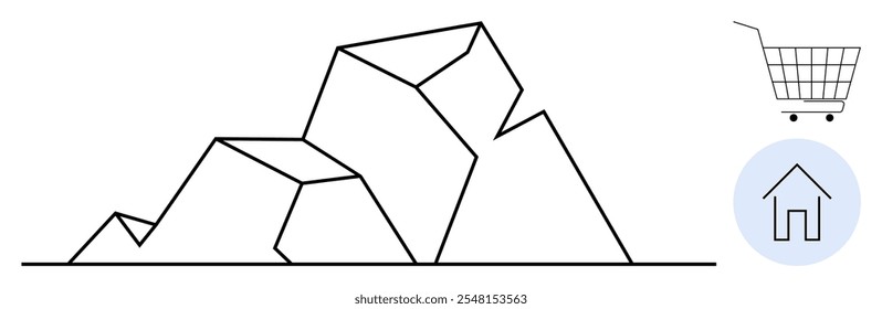 Montanhas geométricas com estilo de arte em linha são destacadas com destaque. Inclui um carrinho de compras e um ícone de início. Ideal para design moderno, simplicidade, minimalismo, e-commerce, imobiliário. Estilo de linha simples