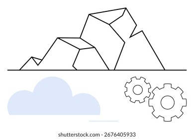 Geometric mountains, two mechanical gears, and a cloud. Ideal for innovation, engineering, cloud computing, productivity, data management process improvement and technology. Line metaphor