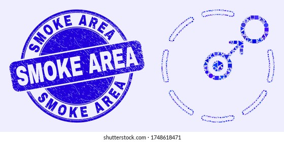 Geometric move to circle perimeter mosaic icon and Smoke Area seal stamp. Blue vector round scratched seal stamp with Smoke Area caption.