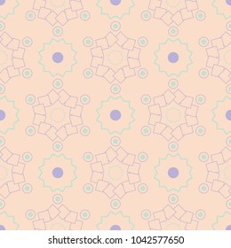 Geometric multi colored seamless pattern. Beige background with violet and blue design elements for wallpapers, textile and fabrics