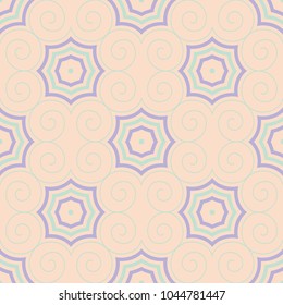 Geometric multi colored seamless pattern. Beige background with violet and blue design elements for wallpapers, textile and fabrics