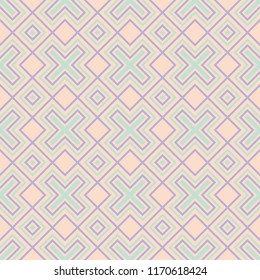 Geometric multi colored seamless pattern. Beige background with violet and blue design elements for wallpapers, textile and fabrics