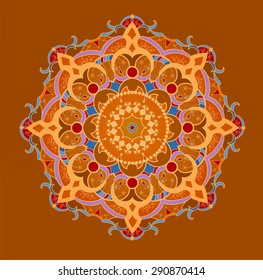 Geometric multicolor circle element made in vector. Perfect cards for any other kind of design, birthday and other holiday, kaleidoscope, medallion, yoga, india, arabic