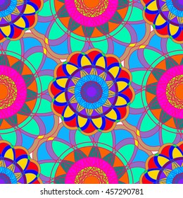 Geometric multicolor fractal mandala seamless pattern for background.