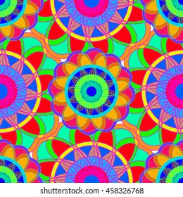 Geometric multicolor fractal mandala seamless pattern for background.