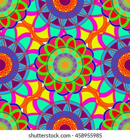 Geometric multicolor fractal mandala seamless pattern for background.