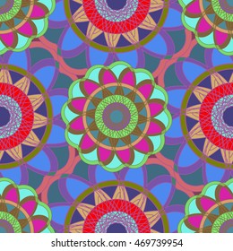 Geometric multicolor fractal mandala seamless pattern for background.