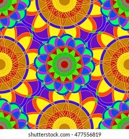 Geometric multicolor fractal mandala seamless pattern for background.