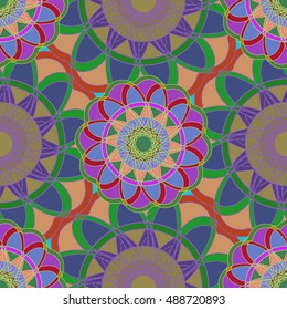 Geometric multicolor fractal mandala seamless pattern for background.