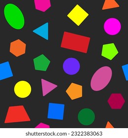 Geometric multi-colored shapes circle, triangle, oval, trapezoid, rectangle, rhombus, polyhedron on a black or graphite background. Seamless pattern. Abstraction. Vector illustration.