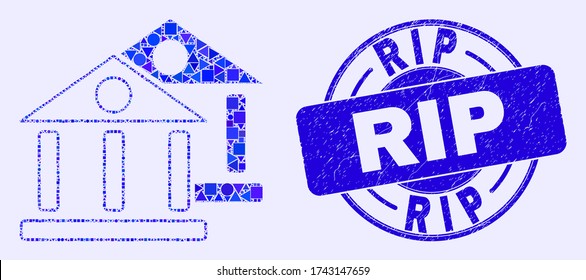 Geometric museum buildings mosaic pictogram and RIP seal stamp. Blue vector round distress seal stamp with RIP message. Abstract composition of museum buildings done of round, tringle,