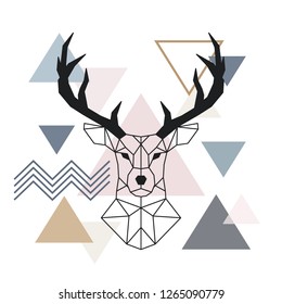 Geometric muzzle deer. Scandinavian style. Color geometric background. Vector illustration.